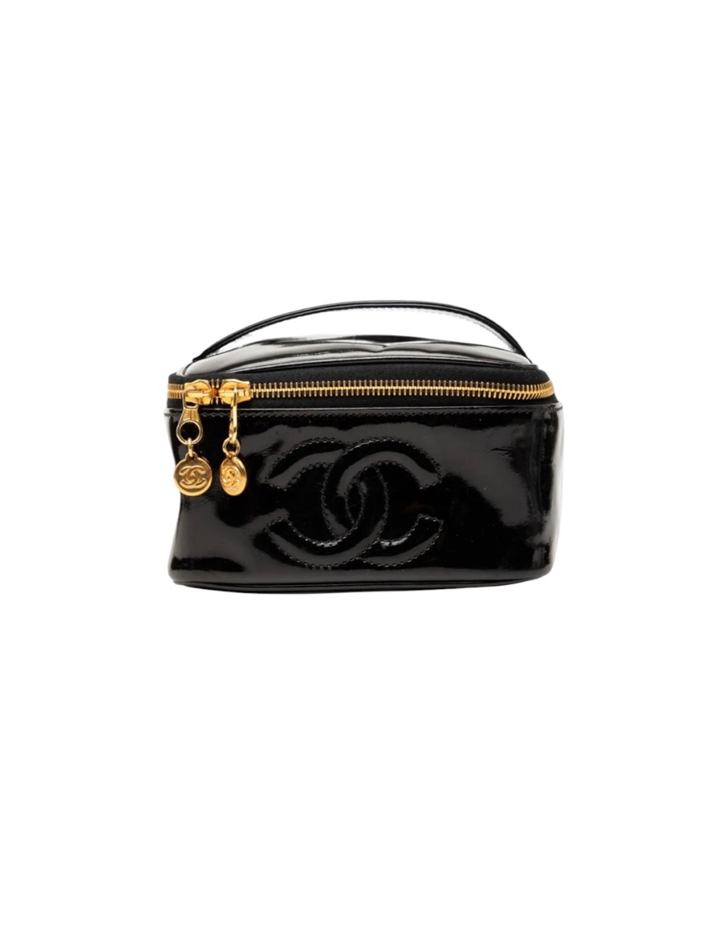 CHANEL Black Patent Leather Cosmetic Case with Gold Hardware